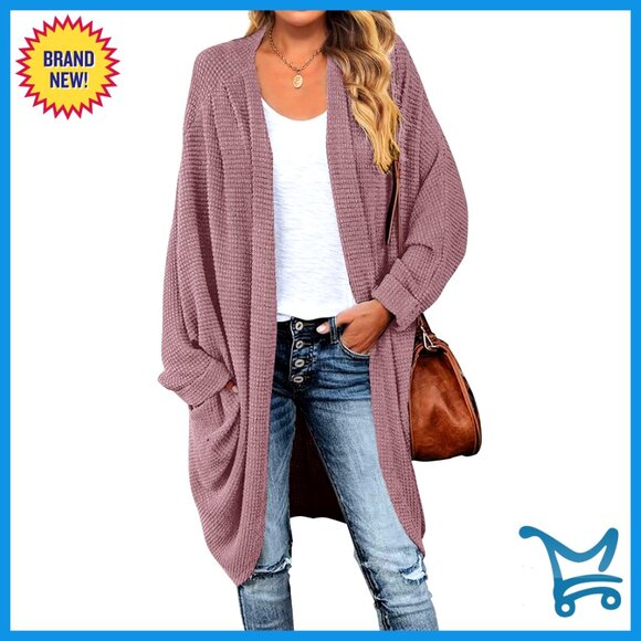 Oversized Waffle Knit Cardigan Batwing Sleeves Chic Fall Sweater Coat